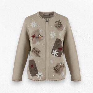 Vintage Y2K 2000s Croft & Barrow Bird Knit Zip Cardigan Ramie Silk Blend Medium